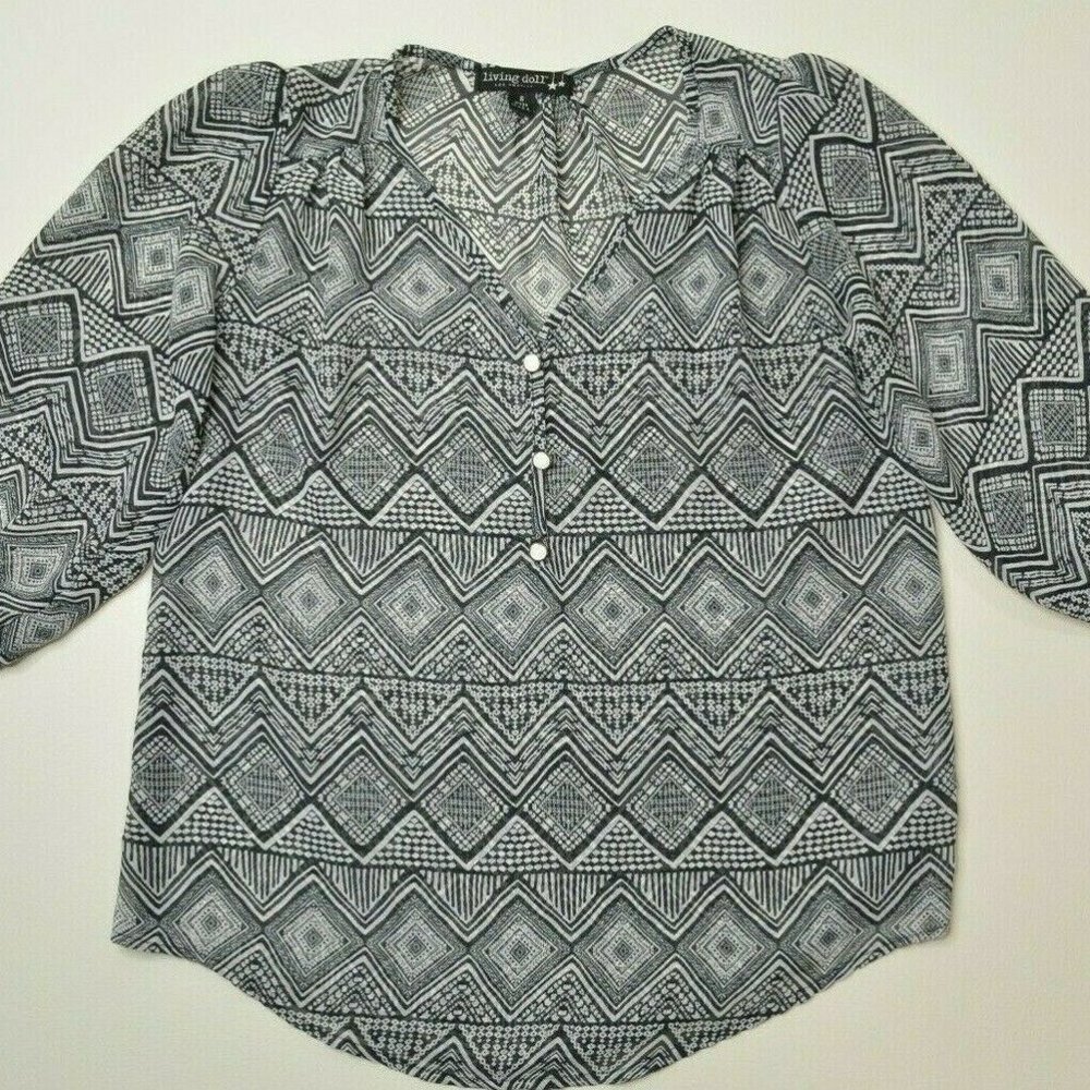 LIVING DOLL Sz S Womens BLACK White BOHO Semi Sheer TUNIC Pullover PEASANT Shirt